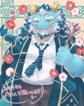 alli_paeonia anthro chinese_zodiac dragon eyebrows green_body hi_res horn japanese_text lifewonders male mature_male necktie new_year_2024 overweight qinglong solo text thick_eyebrows tokyo_afterschool_summoners year_of_the_dragon yellow_eyes