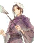  1boy bags_under_eyes black_hair black_sash braid chinese_clothes clenched_teeth cloak earrings english_commentary hanfu highres holding holding_polearm holding_weapon jewelry kkcoocool long_hair looking_at_viewer mask mask_on_head mole mole_under_eye open_mouth polearm purple_cloak purple_eyes purple_hanfu sash shovel simple_background solo sweat tassel tassel_earrings teeth tianguan_cifu weapon white_background white_mask yin_yu yueya_chan 