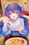  1girl aikatsu!_(series) aikatsu_friends! blue_hair blurry blurry_background blush center_frills feeding food frills gradient_hair highres holding holding_spoon incoming_food indoors long_hair long_sleeves looking_at_viewer momongapoketto multicolored_hair omelet omurice open_mouth plate purple_hair red_eyes shirayuri_kaguya shirt_tucked_in skirt solo spoon table tomato v-shaped_eyebrows very_long_hair wavy_hair 