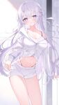  1girl absurdres blush breasts cleavage cropped_jacket hair_ribbon highres indie_virtual_youtuber jacket long_hair long_sleeves naito_mare_(vtuber) okomeillust purple_eyes purple_hair ribbon shorts smile solo very_long_hair virtual_youtuber white_jacket white_shorts 