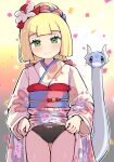  1girl blonde_hair blunt_bangs blurry blurry_background blush closed_mouth clothes_lift commentary_request confetti dratini eyelashes flower green_eyes hair_flower hair_ornament highres japanese_clothes kimono kimono_lift kutabireta_neko lifted_by_self lillie_(new_year&#039;s_2021)_(pokemon) lillie_(pokemon) long_hair long_sleeves looking_at_viewer outline panties pokemon pokemon_masters_ex sash smile underwear white_flower yellow_kimono 