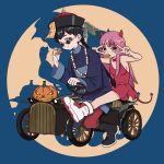  1boy 1girl absurdres bead_necklace beads black_hair boots braid car chinese_clothes choker demon_girl demon_horns demon_tail double_v dress food grey_eyes hat hat_feather highres holding holding_food horns jack-o&#039;-lantern jewelry kiunchiku long_hair motor_vehicle mouth_hold necklace ofuda original pink_hair qingdai_guanmao red_choker red_dress red_horns riding single_braid smile spotlight steering_wheel sunglasses tail v 