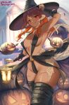  1girl aonaga_heri armpits au_ra bandaged_arm bandaged_leg bandages bikini breasts commission covered_nipples curly_hair dark_skin dragon_horns dragon_tail feet_out_of_frame final_fantasy final_fantasy_xiv groin hand_on_headwear hat holding_lamp horns licking_lips long_hair medium_breasts micro_bikini o-ring o-ring_bikini orange_hair pumpkin red_eyes revealing_clothes scales seductive_smile sideboob signature skeb_commission skindentation smile solo swimsuit tail tongue tongue_out warrior_of_light_(ff14) witch_hat 