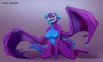 anthro blue_claws bone breast_play breasts canid canine claws digitigrade dragon dragon_tail errokioslem female fin fox hybrid looking_pleasured mammal masturbation purple_body purple_scales scales skull skull_head solo solo_focus standing transformation wings