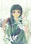  1girl absurdres artist_name backpack bag black_hair blue_eyes flower freckles highres jet_yowatari kusuriya_no_hitorigoto long_hair long_sleeves looking_at_viewer maomao_(kusuriya_no_hitorigoto) plant solo standing 