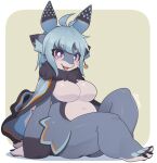  1girl antenna_hair arm_support blue_hair blush breasts cleavage commission dragon_girl furry furry_female highres large_breasts long_hair navel nude open_mouth original purple_eyes ryuusui_arumo sitting skeb_commission smile solo thick_eyebrows 