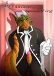 absurd_res anthro bear brown_body butler clothed clothing digital_drawing_(artwork) digital_media_(artwork) dragon erection fur genitals hair hi_res horn little_scarlet_rose looking_at_viewer male mammal necktie open_mouth penis presenting presenting_penis scalie smile solo suit tail text ursine