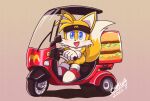 2022 anthro blue_eyes canid canine chana clothing fingers fox fur gloves handwear looking_at_viewer male mammal mcdonald&#039;s miles_prower open_mouth open_smile sega signature simple_background smile solo sonic_the_hedgehog_(series) vehicle white_body white_fur yellow_body yellow_fur
