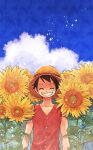  1boy aco_peda black_eyes black_hair blue_sky closed_eyes day field flower flower_field hat highres male_focus monkey_d._luffy one_piece outdoors red_vest scar scar_on_cheek scar_on_face short_hair sky smile solo straight-on straw_hat sunflower sunflower_field teeth upper_body vest 