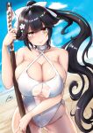  1girl azur_lane bare_shoulders beach black_hair blue_sky bokken bow breasts casual_one-piece_swimsuit choker cleavage clothing_cutout criss-cross_halter dutch_angle eyebrows_visible_through_hair flower hair_bow hair_flower hair_ornament halterneck highleg highleg_swimsuit ibara_azuki long_hair looking_at_viewer navel_cutout official_alternate_costume one-piece_swimsuit ponytail red_eyes sand see-through signature sky solo swimsuit swimwear sword takao_(azur_lane) takao_(beach_rhapsody)_(azur_lane) very_long_hair weapon white_bow white_choker white_swimsuit wooden_sword 