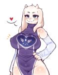 &lt;3 anthro armwear big_breasts boss_monster bovid breasts caprine clothed clothing female fredek666 fur goat hand_on_hip hi_res horn mammal mature_female nipple_outline partially_clothed purple_clothing simple_background slit_dress smile solo toriel undertale undertale_(series) white_background white_body white_fur wide_hips