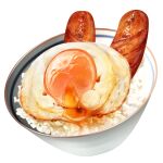  commentary_request egg_(food) egg_yolk food food_focus fried_egg meat no_humans original plate rice sausage short208 simple_background still_life transparent_background 