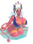 absurd_res big_breasts breasts cleavage clothed clothing demon demon_humanoid female hair hi_res huge_breasts humanoid not_furry partially_submerged pupils red_body solo spade_tail swimwear tail thedansome thick_thighs water white_hair
