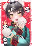  1girl baozi black_hair blush bun_cover chinese_clothes double_bun earrings eyeshadow fingernails food hair_bun hair_ornament hairclip highres holding holding_food jewelry lipstick long_fingernails long_sleeves looking_at_viewer makeup multiple_earrings nail_polish open_mouth original panda red_eyeshadow straight-on tassel tassel_earrings translation_request upper_body wanko_(yurika0320) yellow_eyes 