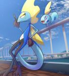  against_fence blue_eyes blurry building closed_mouth cloud commentary_request day fence from_below gen_8_pokemon hand_up highres inteleon nullma open_mouth outdoors pokemon pokemon_(creature) signature sky smile sobble standing starter_pokemon tongue yellow_eyes 