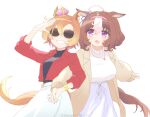  2girls :3 @_@ ahoge alternate_costume animal_ears black_shirt breasts brown_hair coat crown dress facing_viewer glasses grin hairband hihiqhi holding_hands horse_ears horse_girl horse_tail interlocked_fingers jacket large_breasts long_sleeves medium_hair meisho_doto_(umamusume) mini_crown multiple_girls opaque_glasses open_clothes open_jacket open_mouth orange_hair purple_eyes red_jacket shading_eyes shirt short_hair simple_background small_breasts smile sunglasses t.m._opera_o_(umamusume) tail twitter_username umamusume watermark white_background white_dress yellow_coat 