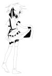  1other androgynous armband chinese_commentary coat coat_hold commentary_request from_behind full_body greyscale hairband high_contrast highres kurohebi len&#039;en ling_s monochrome no_shoes other_focus short_hair short_sleeves simple_background sketch socks solo white_background 