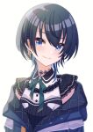  1girl absurdres alternate_hair_color black_hair blue_eyes blue_hair blush bow bow_earrings choker collared_shirt earrings highres hololive hoshimachi_suisei hoshimachi_suisei_(streetwear) jacket jewelry lace lace_choker looking_to_the_side multicolored_hair neck_ribbon off_shoulder ribbon shirt short_hair short_sleeves simple_background smile solo star_(symbol) star_in_eye symbol_in_eye tsumurimai virtual_youtuber white_background 