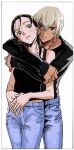  1boy 1girl amuro_tooru black_eyes black_shirt blue_pants brown_hair couple cowboy_shot denim enomoto_azusa hair_between_eyes head_tilt hetero highres hug hug_from_behind long_hair looking_at_viewer masso meitantei_conan pants parted_lips shirt sketch sleeveless sleeveless_shirt standing white_background white_hair 