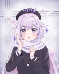  1girl alternate_costume coat hat highres hololive hololive_english jacket kempowder koseki_bijou long_hair long_sleeves non-web_source purple_hair scarf self-upload smile solo virtual_youtuber winter_clothes 