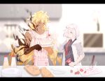  1boy 1girl apron arm_tattoo black_shirt blonde_hair blurry blurry_background blush breasts brown_gloves cake collared_shirt commentary dark-skinned_male dark_skin eyewear_on_head fate/grand_order fate_(series) food fork fruit glasses gloves glowing_tattoo goetia_(fate) gradient_skin grey_jacket hair_over_one_eye hand_up highres holding holding_food holding_fork holding_fruit jacket kitchen letterboxed long_hair looking_at_object looking_down mash_kyrielight medium_breasts mixing_bowl multicolored_clothes multicolored_jacket necktie one_eye_covered open_clothes open_jacket parted_lips paw_print pink_apron pink_hair plate plate_stack print_apron purple_eyes red_eyes red_necktie shirt short_hair sleeves_rolled_up smile squeeze_bottle strawberry tattoo torijo torn_clothes torn_shirt two-tone_jacket unworn_gloves whisk white_jacket white_shirt 