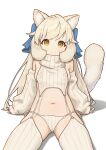  1girl :3 absurdres animal_ears aran_sweater arm_support blue_bow bow breasts cable_knit cat_ears cat_girl cat_tail chack520 character_request copyright_request detached_sleeves garter_straps groin hair_bow highres large_tail lingerie long_hair looking_at_viewer meme_attire navel panties ribbed_panties ribbed_sleeves ribbed_thighhighs side-tie_panties sideboob sitting small_breasts smile solo sweater tail tareme thighhighs turtleneck turtleneck_sweater underwear virgin_destroyer_sweater white_background white_garter_straps white_hair white_panties white_sweater white_thighhighs yellow_eyes 