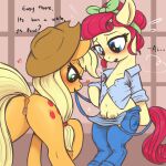 absurd_res anus applejack_(mlp) blonde_hair blush butt dialogue duo english_text equid equine eyelashes female female/female feral friendship_is_magic genitals hair hasbro hi_res mammal my_little_pony orange_body pupils pussy quadruped rear_view red_hair t72b teats text