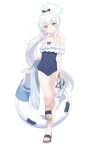  1girl 2t_(vmyz7342) ass_visible_through_thighs bag bare_legs bare_shoulders blue_archive blue_eyes blue_halo blue_one-piece_swimsuit blush bow collarbone commentary covered_navel feet frilled_one-piece_swimsuit frills full_body hair_between_eyes hair_bow halo high_ponytail holding holding_bag holding_sweater impossible_clothes impossible_swimsuit innertube legs long_hair looking_at_viewer miyako_(blue_archive) miyako_(swimsuit)_(blue_archive) one-piece_swimsuit ponytail sandals simple_background smile solo standing swimsuit symbol-only_commentary toenails toes transparent_bag very_long_hair white_background white_hair 
