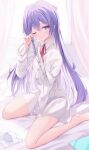  1girl absurdres bare_legs barefoot bed blush braid collared_shirt commentary curtains dress_shirt highres indie_virtual_youtuber long_hair long_sleeves looking_at_viewer okomeillust one_eye_closed purple_eyes purple_hair red_ribbon ribbon rutice shirt side_braid sitting sleepy solo very_long_hair virtual_youtuber waking_up wariza white_shirt window 