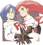  1boy 1girl bangs blush brown_gloves commentary_request earrings elbow_gloves gloves green_eyes grey_hair hair_between_eyes jacket james_(pokemon) jessie_(pokemon) jewelry long_hair looking_at_viewer pokemon pokemon_(anime) rate_(naze_besu_latte) red_hair sketch skirt smile team_rocket team_rocket_uniform teeth white_jacket white_skirt 