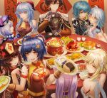  3boys 6+girls absurdres bird black_hair blonde_hair blue_hair blush bowl braid brown_hair chicken chongyun_(genshin_impact) flower food ganyu_(genshin_impact) genshin_impact gloves guoba_(genshin_impact) hair_flower hair_ornament hairclip hat highres hu_tao jewelry jiangshi keqing luai lumine_(genshin_impact) multiple_boys multiple_girls nail_polish paimon_(genshin_impact) purple_eyes purple_hair qiqi red_eyes ring round_table shinkon_santaku sitting table twin_braids twintails xiangling_(genshin_impact) xingqiu_(genshin_impact) yaoi yellow_eyes zhongli_(genshin_impact) 