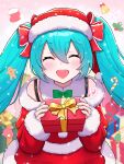  1girl bell blue_hair blush bow bowtie box candy candy_cane christmas christmas_stocking closed_eyes dress food fur-trimmed_dress fur-trimmed_sleeves fur_collar fur_trim gift gift_box gingerbread_man hair_bow hat hatsune_miku heart highres holding holding_box holding_gift incoming_gift long_hair long_sleeves open_mouth santa_costume santa_hat smile snowing solo twintails uzuki_sena vocaloid 