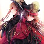  1boy 1girl black_cape brother_and_sister cape family_crest fate/grand_order fate_(series) fiery_hair harukoma hat low_ponytail medallion military_hat oda_nobukatsu_(fate) oda_nobunaga_(fate) oda_uri otoko_no_ko peaked_cap red_cape red_eyes shako_cap siblings simple_background smile upper_body white_background 