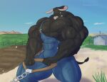  2017 5_fingers anthro big_muscles black_body black_fur bodily_fluids bovid bovine building cattle clothing day farm fingers fur horn huge_muscles hyper hyper_muscles male mammal matthew_(sonicgamer) mountain muscular overalls sky solo sonicgamer sweat veiny_muscles 