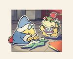  2boys bandana blue_headwear blue_robe border bowser_jr. bracelet claws clenched_hands closed_mouth commentary_request fang fang_out glasses hat horns indoors jewelry kamek kneeling long_sleeves mario_(series) multiple_boys opaque_glasses origami outside_border paper paper_hat paper_kabuto paper_mario paper_mario:_the_origami_king red_footwear red_hair rfufvas3phbxkxa robe round_eyewear shoes smile solid_oval_eyes spiked_shell spikes standing turtle_shell v-shaped_eyebrows white_bandana white_border 