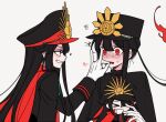  1boy 1girl black_cape black_hair brother_and_sister cape family_crest fate/grand_order fate_(series) fiery_hair hat long_hair looking_at_another low_ponytail medallion military_hat mini_nobu_(fate) oda_nobukatsu_(fate) oda_nobunaga_(fate) oda_uri otoko_no_ko peaked_cap red_cape red_eyes sempon_(doppio_note) siblings simple_background white_background 