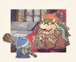  3boys ^_^ armlet arms_up black_eyes blue_headwear blue_robe border bowser bowser_jr. bracelet broom claws closed_eyes closed_mouth commentary_request door fang father_and_son glasses hat holding holding_broom horns indoors jewelry kamek long_sleeves looking_at_another looking_to_the_side mario_(series) multiple_boys opaque_glasses open_mouth outside_border paper_mario paper_mario:_the_origami_king red_hair rfufvas3phbxkxa robe round_eyewear shadow sharp_teeth smile spiked_shell spiked_tail spikes stairs standing studded_armlet studded_bracelet tail teeth turtle_shell v-shaped_eyebrows white_border 