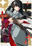  1girl black_hair brown_eyes flower girls&#039;_frontline grey_kimono gun hair_flower hair_ornament highres japanese_clothes kimono looking_at_viewer nakiusagi solo submachine_gun type_100 type_100_(girls&#039;_frontline) weapon 