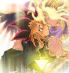  2boys atem blonde_hair bracelet chain choker closed_mouth commentary_request dark_skin dark_skinned_male egyptian eye_contact face-to-face fingernails glowing glowing_hair holding_hand jewelry looking_at_another male_focus millennium_puzzle multicolored_hair multiple_boys mutou_yuugi open_mouth pink_eyes purple_hair ring school_uniform smile spiked_hair tongue unko_yoshida yu-gi-oh! yu-gi-oh!_duel_monsters 
