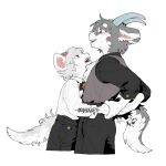  2boys 404bdgrey black_pants black_shirt brown_eyes couple eye_contact furry furry_male furry_with_furry goat_boy goat_horns grey_fur grey_vest highres holding_another&#039;s_tail holding_hands horns hug implied_yaoi looking_at_another multiple_boys original pants red_eyes shirt sweatdrop tail vest victorian white_fur white_hair white_shirt 