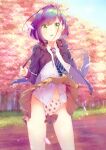  1girl black_jacket blue_hair blue_neckwear blurry bokeh brown_skirt cherry_blossoms cherry_tree commentary cowboy_shot darling_in_the_franxx depth_of_field dress_shirt eyebrows_visible_through_hair food_print frilled_panties frills grass green_eyes hair_ornament hair_strand hairclip highres hood hooded_jacket ichigo_(darling_in_the_franxx) jacket looking_at_viewer midriff midriff_peek miniskirt necktie open_clothes open_jacket open_mouth panties path pleated_skirt print_panties shirt short_hair skirt sky solo standing strawberry_panties strawberry_print striped striped_neckwear suzu_(tonami0726) underwear white_shirt wind wind_lift 