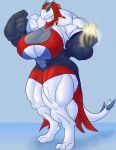 2018 3_toes anthro anthrofied big_breasts big_muscles bottomwear bra braided_hair breasts cape clothing digitigrade eyelashes feet female flexing green_eyes hair hi_res holding_object huge_breasts huge_muscles hyper hyper_breasts hyper_muscles legendary_pok&eacute;mon light_source looking_at_viewer lucy_the_lugia lugia muscular nintendo pok&eacute;mon pok&eacute;mon_(species) pok&eacute;morph red_hair shorts smile solo sonicgamer toes underwear video_games 