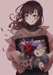  1girl absurdres artist_name aster_drawing bangs blue_eyes blush bouquet brown_hair brown_jacket brown_sweater closed_mouth drawing_tablet expressionless eyebrows_visible_through_hair floating_hair flower flower_request glasses highres holding holding_bouquet holding_tablet_pc jacket jewelry long_hair looking_to_the_side mole mole_under_eye nail_polish off_shoulder original purple_flower ranunculus red_flower red_nails ring signature solo standing sweater tablet_pc upper_body 