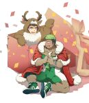  2boys animal_costume animal_ears antlers bara black_hair blush box bulge cape christmas confetti covered_navel cow_horns dark_skin dark_skinned_male facial_hair fake_animal_ears full_body fur-trimmed_cape fur_trim gift gift_box goatee green_hair horns kqq8 looking_at_another male_focus mask mask_removed master_3_(tokyo_houkago_summoners) multicolored_hair multiple_boys muscular muscular_male navel open_box oversized_object red_cape reindeer_antlers reindeer_costume santa_costume shoes short_hair sitting sneakers spread_legs surprised taurus_mask thick_thighs thighs tokyo_houkago_summoners two-tone_hair wrestling_mask wrestling_outfit 