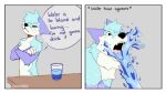 2023 anthro artist_name blue_body blue_fur canid canine container crossed_arms cup dialogue digital_media_(artwork) english_text eyes_closed fox fur glass glass_container glass_cup male mammal open_mouth solo speech_bubble spraykitty text water