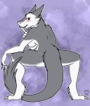  anthro arwen. blush breasts butt claws crouching female hi_res looking_at_viewer looking_back pose purple_background rear_view sergal shush side_boob simple_background solo 