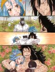  1girl 2boys ^_^ arm_tattoo bad_id bad_tumblr_id blue_background blue_hair blush closed_eyes commentary crying english_commentary fairy_tail fangs flower gajeel_redfox gloves grass hairband highres hug levy_mcgarden long_hair looking_at_another multiple_boys orange_background pink_flower profile rusky scar scar_on_arm shirt smile sweater tattoo torso tree turtleneck turtleneck_sweater white_shirt yellow_hairband 