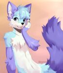 2023 anthro artist_name black_nose blep blue_body blue_fur canid canine chest_tuft digital_media_(artwork) fingerless_(marking) fox front_view fur gloves_(marking) hi_res male mammal markings navel simple_background solo spraykitty tongue tongue_out tuft