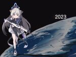 1girl 2023 :o animal_ears assault_rifle bag black_dress black_hair black_jacket black_socks blue_archive blue_halo clich51368861 commentary diamond_cutout dot_nose dress earth_(planet) grey_hair gun gundam gundam_0083 halo highres holding holding_gun holding_weapon jacket kokona_(blue_archive) long_hair long_sleeves looking_at_viewer multicolored_hair off_shoulder open_clothes open_jacket open_mouth orange_eyes parody planet qbz-03 rifle running shadow shoes shoulder_bag sidelocks skirt sneakers socks solo streaked_hair striped striped_dress striped_jacket tiger_ears tiger_girl vertical-striped_dress vertical-striped_jacket vertical_stripes very_long_hair weapon white_footwear white_skirt 