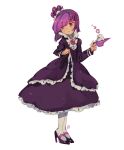  1girl benzbt blackberry_cookie blush brooch candle cookie_run dress frilled_dress frills frown full_body hair_bun high_collar high_heels highres holding jewelry long_sleeves looking_to_the_side multicolored_hair one_side_up pantyhose purple_eyes purple_hair skirt_hold solo 